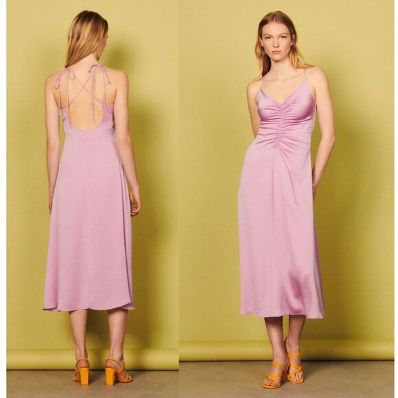 Sandro Midi Dress 8 Praline Lilac Slip Straps Ruched Satin Silky - Picture 1 of 16